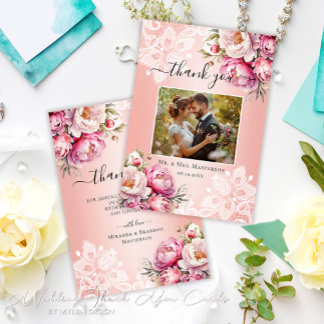 Elegant Roos Gold Waterverf Floral Photo Wedding Bedankkaart