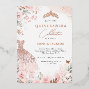 Elegant Roos Goud Blush Jurk Bloemen Quinceanera Folie Uitnodiging