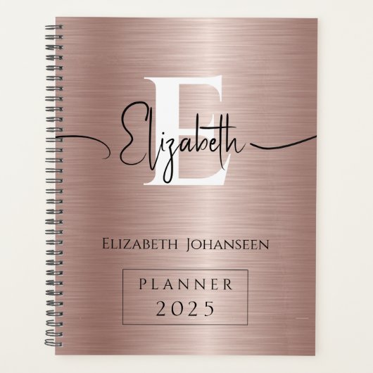 Elegant Roos Goud Geborsteld Metaal Wit Monogram Planner (Voorkant)