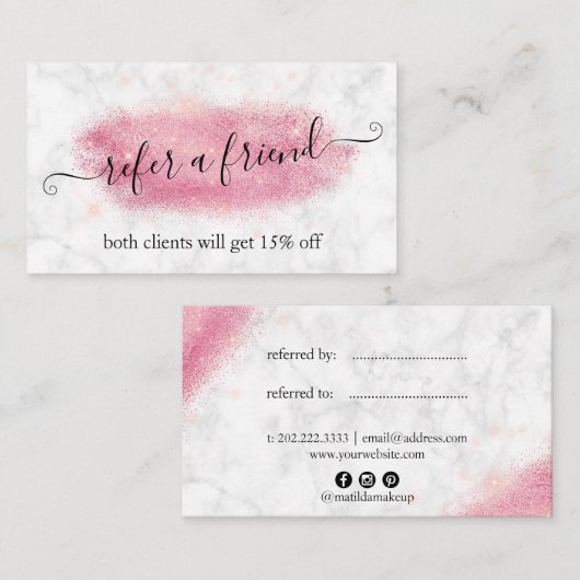 Elegant roos goud glitter marmer make-up kunstenaa aanbevelingskaartje (Voorkant / Achterkant)