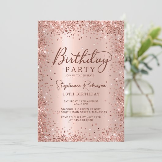 Elegant Roos Goud Metallic Glitter 13e Verjaardag Kaart (Staand voorkant)