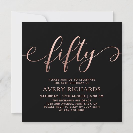 Elegant Roos Goud Vijftig Script Zwart 50ste Verja Kaart (Voorkant)