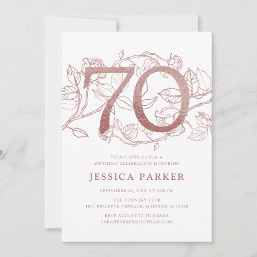 Elegant Roos Goud Wit 70e Verjaardag Kaart (Voorkant)