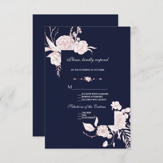 Elegant Roos Goud Witte Bloemen Lijst bruiloft RSVP Kaartje (Voorkant / Achterkant)