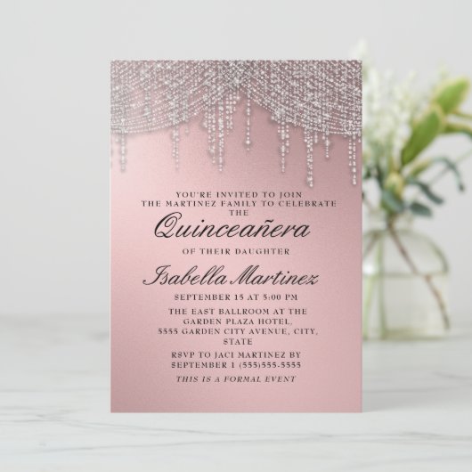 Elegant Roos Goud Zilver String Lights Quinceañera Kaart (Staand voorkant)