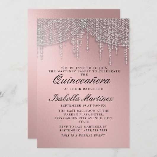 Elegant Roos Goud Zilver String Lights Quinceañera Kaart (Voorkant / Achterkant)