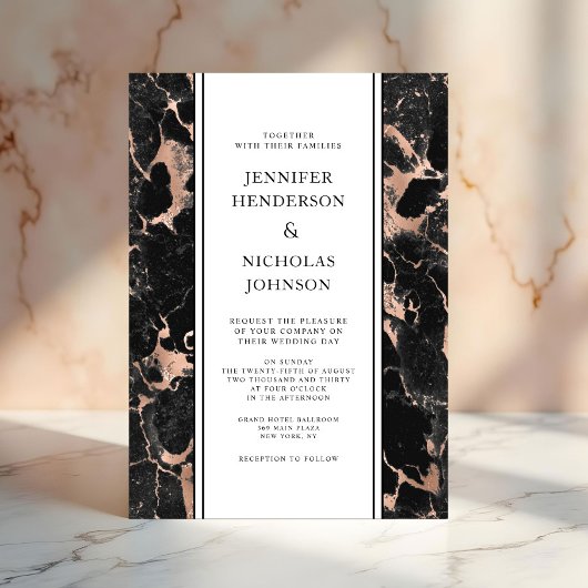 Elegant Roos Goud Zwart Marmeren Bruiloft Kaart