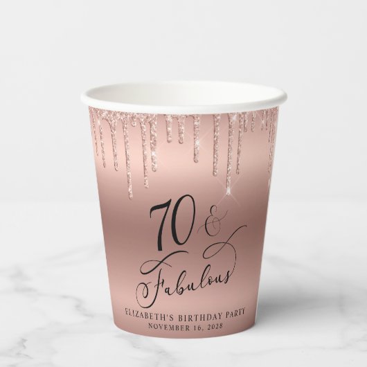 Elegant Roos Gouden Glitter 70ste Verjaardagsfeest Papieren Bekers (Achterkant)