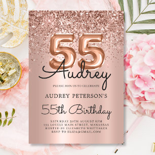 Elegant Roos Gouden Glitter Ballon 55e Verjaardag Kaart