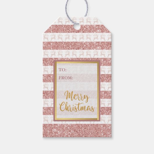 Elegant roos gouden glitter roze rendier kerst cadeaulabel (Voorkant)