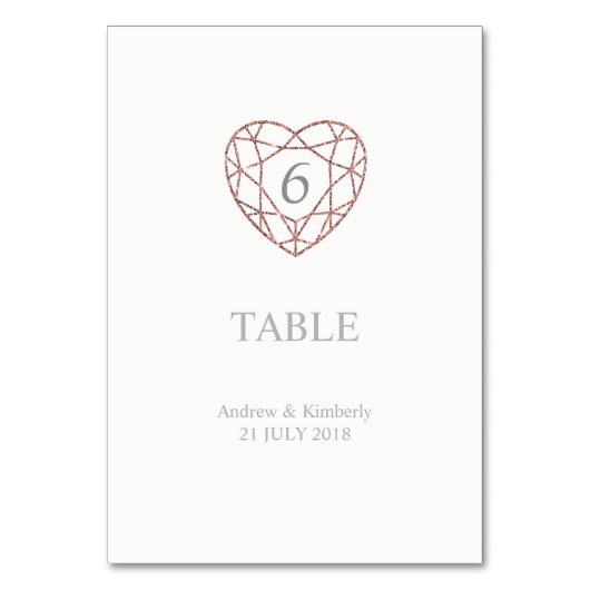 Elegant roos gouden hart bruiloft tafel nummer kaart (Voorkant)