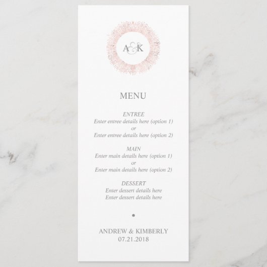 Elegant roos gouden monogram bruiloft menu (Voorkant)