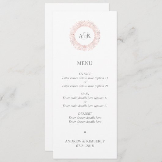Elegant roos gouden monogram bruiloft menu (Voorkant / Achterkant)
