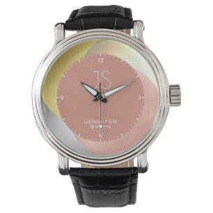 Elegant Roos Gouden Pastel Roze Monogram Naam Horloge