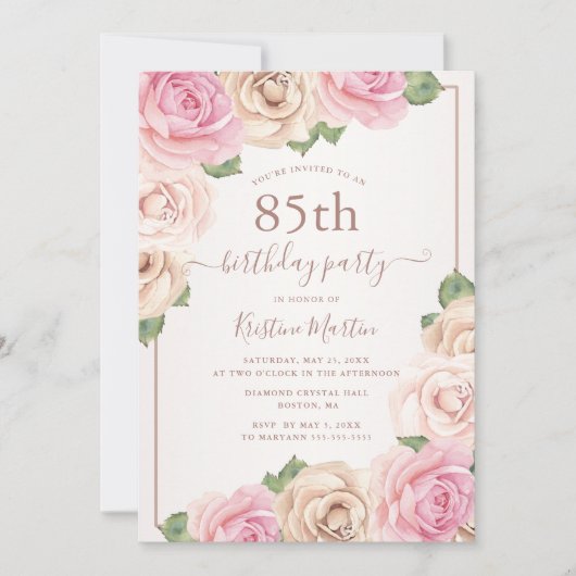 Elegant Roos Gouden Waterverf Bloemen 85ste Verjaa Kaart (Voorkant)