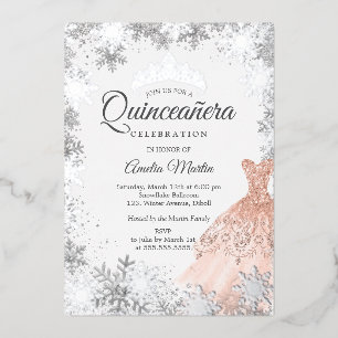 Elegant Roos Gouden Winter Sneeuwvlok Quinceanera Folie Uitnodiging