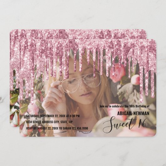 Elegant roos goudglitter druppelt zoet zestien kaart (Voorkant / Achterkant)