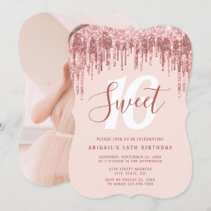 Elegant roos goudglitter druppelt zoet zestien kaart