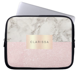 Elegant  roos goudglitter en witte marmer laptop sleeve