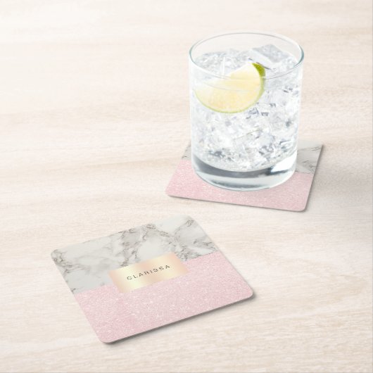 Elegant roos goudglitter en witte marmer vierkante kartonnen onderzetter (Insitu)