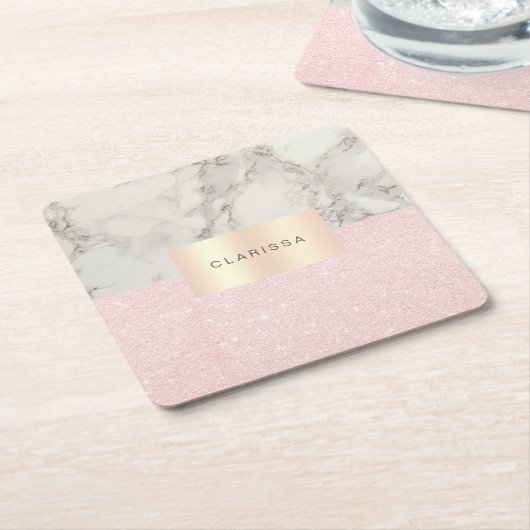 Elegant roos goudglitter en witte marmer vierkante kartonnen onderzetter (Schuin)