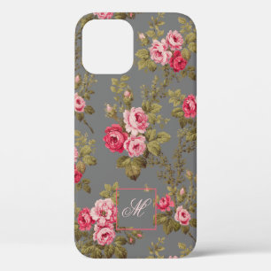 Elegant  Roos met monogram-grijze achtergrond iPhone 12 Hoesje