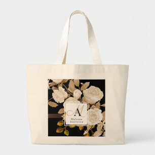 Elegant Roos Monogram Zwart Grote Tote Bag