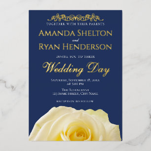 Elegant Roos Ornament Navy Blue Wedding Gold Folie Uitnodiging