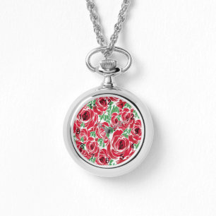Elegant Roos Patroon - Rood & Groen Bloemen Horloge