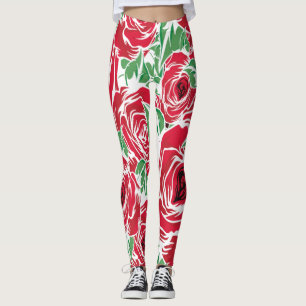 Elegant Roos Patroon - Rood & Groen Bloemen Leggings