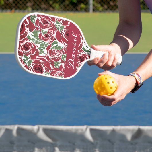 Elegant Roos Patroon - Rood & Groen Bloemen Pickleball Paddle (Insitu)