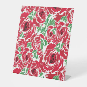Elegant Roos Patroon - Rood & Groen Bloemen Reclamebord Met Voetstuk