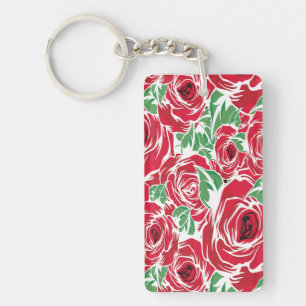 Elegant  Roos Patroon - Rood & Groen Bloemen Sleutelhanger