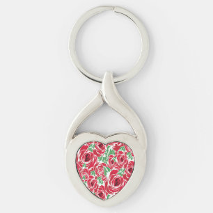 Elegant  Roos Patroon - Rood & Groen Bloemen Sleutelhanger