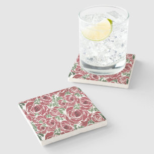 Elegant  Roos Patroon - Rood & Groen Bloemen Stenen Onderzetter