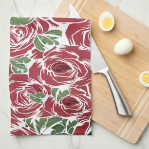 Elegant  Roos Patroon - Rood & Groen Bloemen Theedoek