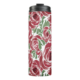 Elegant Roos Patroon - Rood & Groen Bloemen Thermosbeker