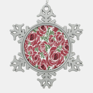 Elegant Roos Patroon - Rood & Groen Bloemen Tin Sneeuwvlok Ornament