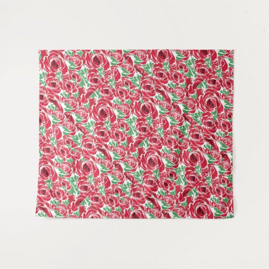 Elegant Roos Patroon - Rood & Groen Bloemen Wandkleed (Voorkant (horizontaal))