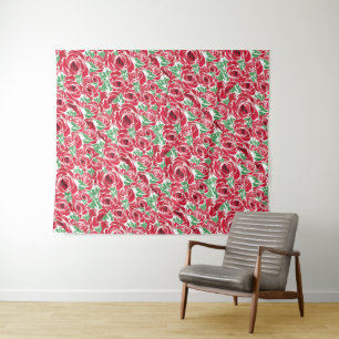 Elegant  Roos Patroon - Rood & Groen Bloemen Wandkleed