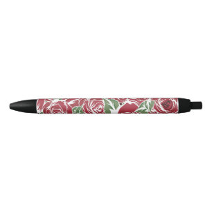 Elegant Roos Patroon - Rood & Groen Bloemen Zwarte Inkt Pen