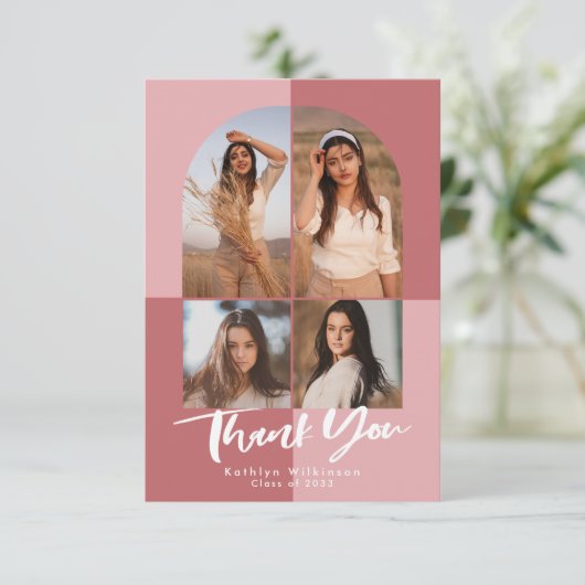 Elegant Roos Roze Arch 4 Foto Afstuderen Bedankkaart (Staand voorkant)
