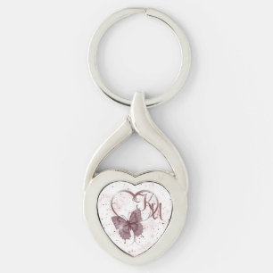 Elegant Roos Roze Butterfly, Heart Marble Monogram Sleutelhanger