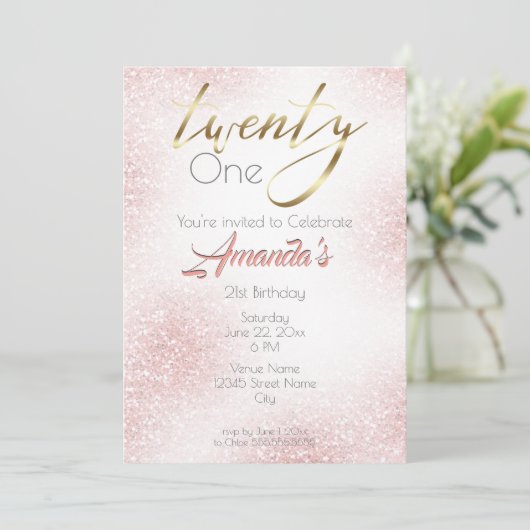 Elegant Roos roze en goudglitter 21st Kaart (Staand voorkant)