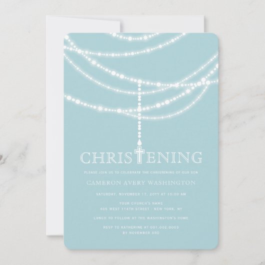Elegant Rosary Cross Sparkles Christening Invite Kaart (Voorkant)