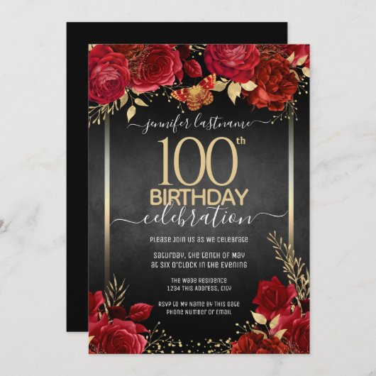 Élégant Rose 100e anniversaire Invitation (Devant / Derrière)