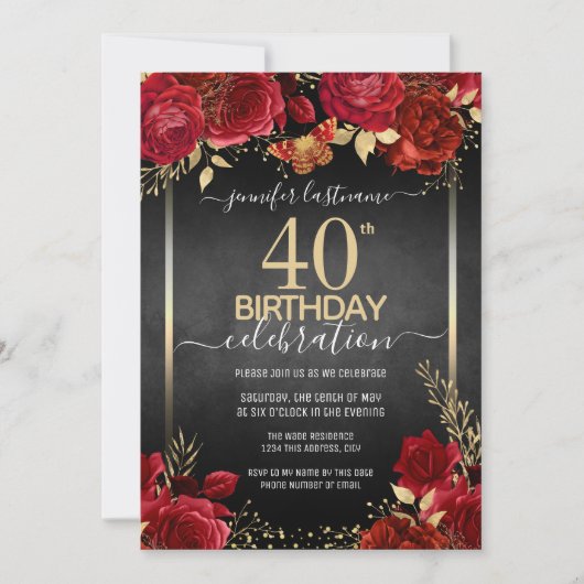 Elégant Rose 40e anniversaire Invitation (Devant)