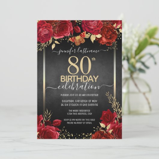 Elégant Rose 80e anniversaire Invitation (Debout devant)