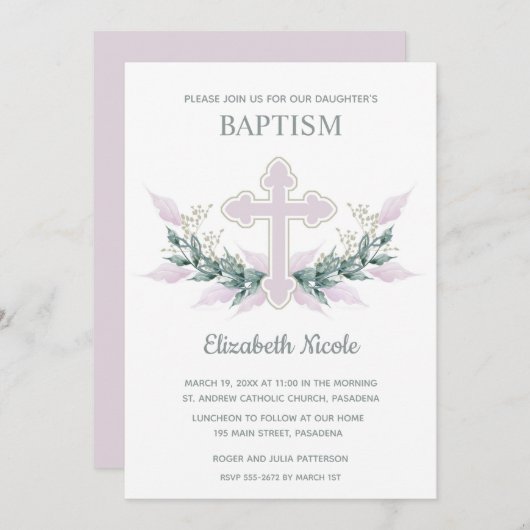 Elégant rose Aquarelle Baptême Invitations (Devant / Derrière)