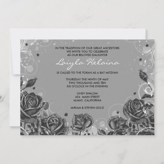 Élégant Rose Bat mitzvah Invitation gris (Devant)